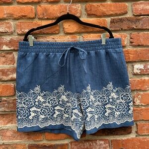 Wren New York Chambray Denim Blue Floral Embroidered Shorts XL Pull On